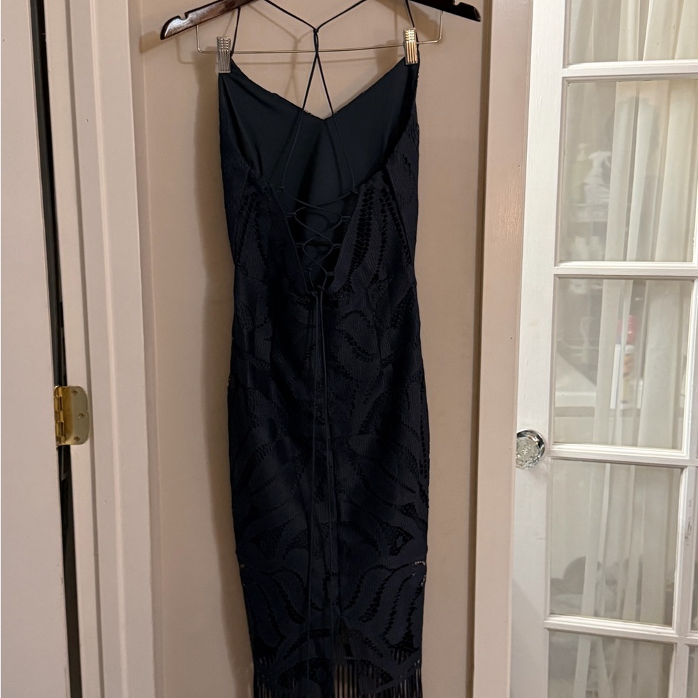 Black Lace-Detail Midi Dress with Strappy Back